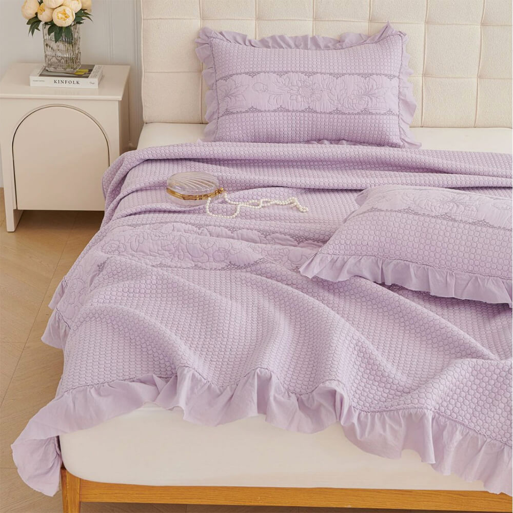 Ruffle Trim Soft Breathable Quilted Cotton Bedspread Set