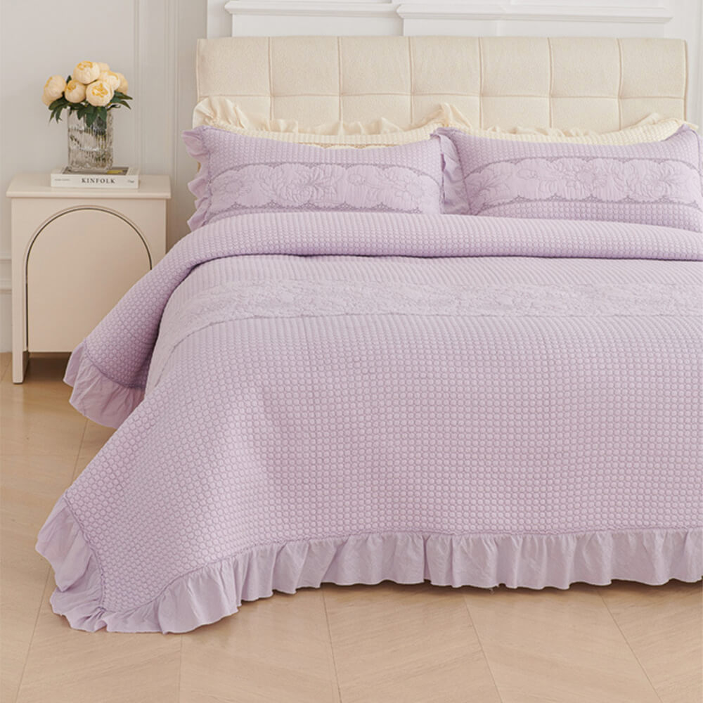 Ruffle Trim Soft Breathable Quilted Cotton Bedspread Set