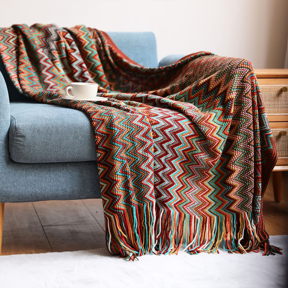 Bohemian Soft Knit Multi-Use Crochet Blanket with Tassels