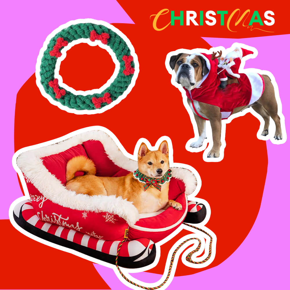 Christmas Sleigh Dog Bed - Gift Bundle 3 pcs