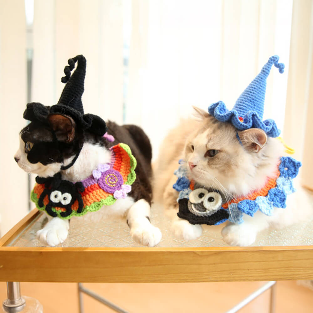 Halloween Pet Costume Handmade Knitted Pumpkin Collar and Witch Hat