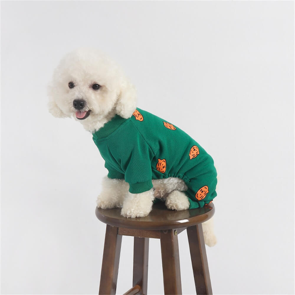 Pumpkin Print Green Dog Pajamas - Cozy and Festive Sleepwear for Dogs