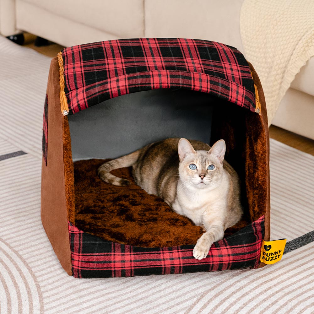 Classical Plaid House Orthopedic Cat Bed - Retreat Cabin