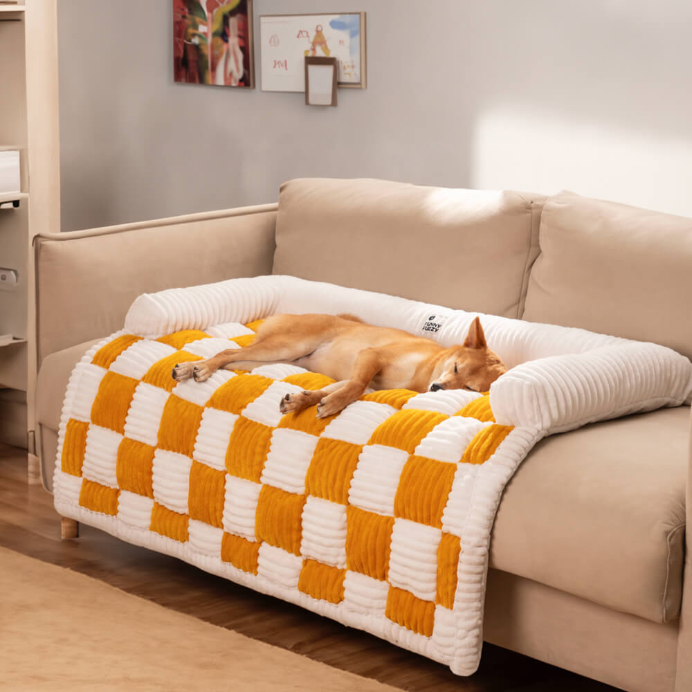 Cream Square Plaid Cozy Dog Mat Furniture Protector Covers