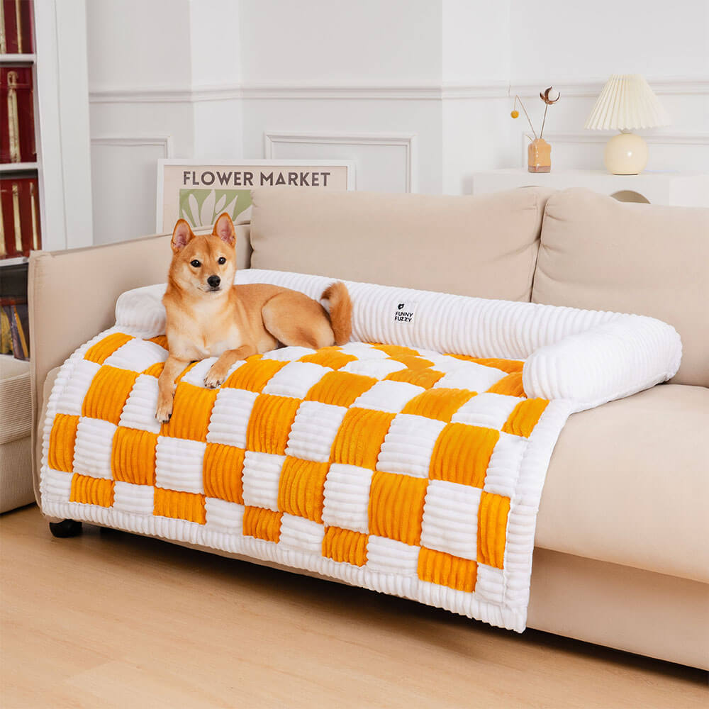 Cream Square Plaid Cozy Dog Mat Furniture Protector Covers