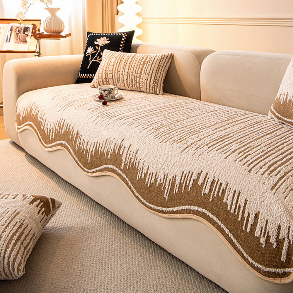 Modern Abstract Lines Plush Couch Cover with Wavy Edges