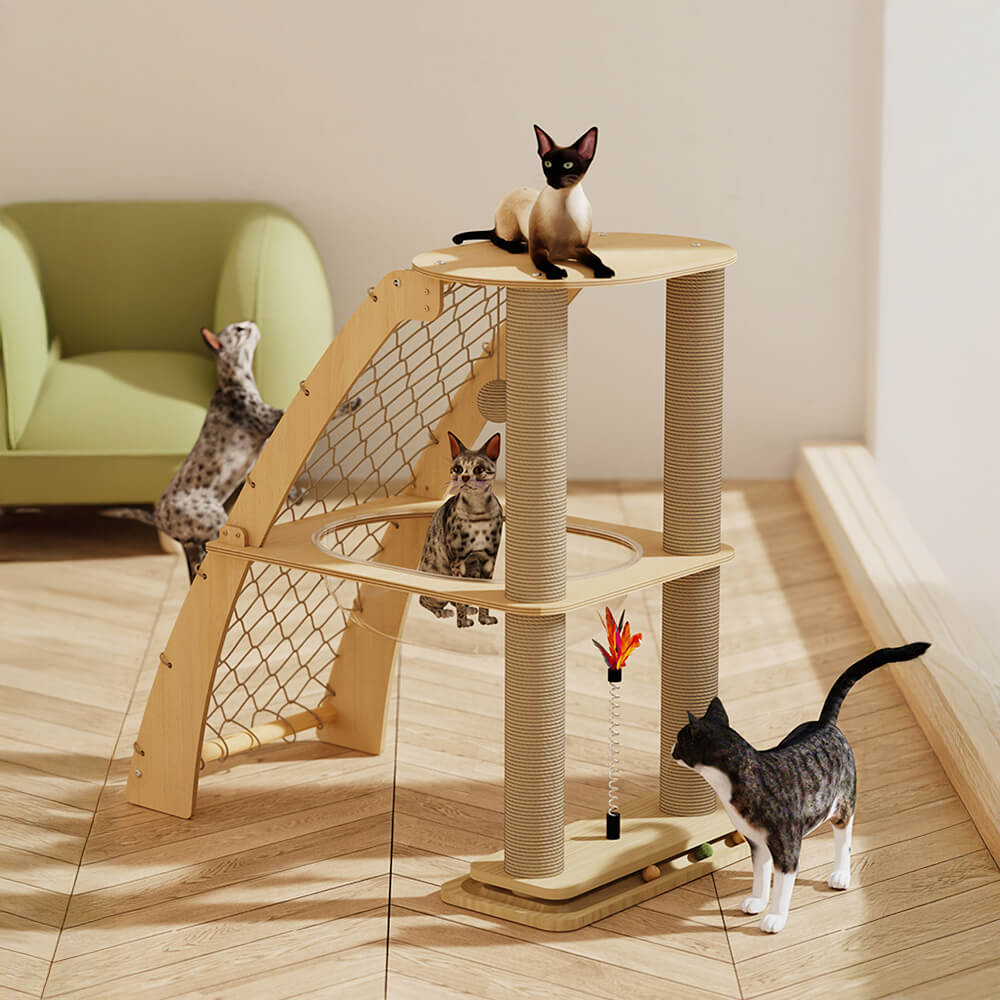 Solid Wood Cat Scratching Post with Space Capsule and Climbing Net