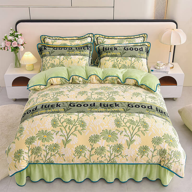 Floral Elegance Milk Velvet Bed Sheet Set with Bed Skirt