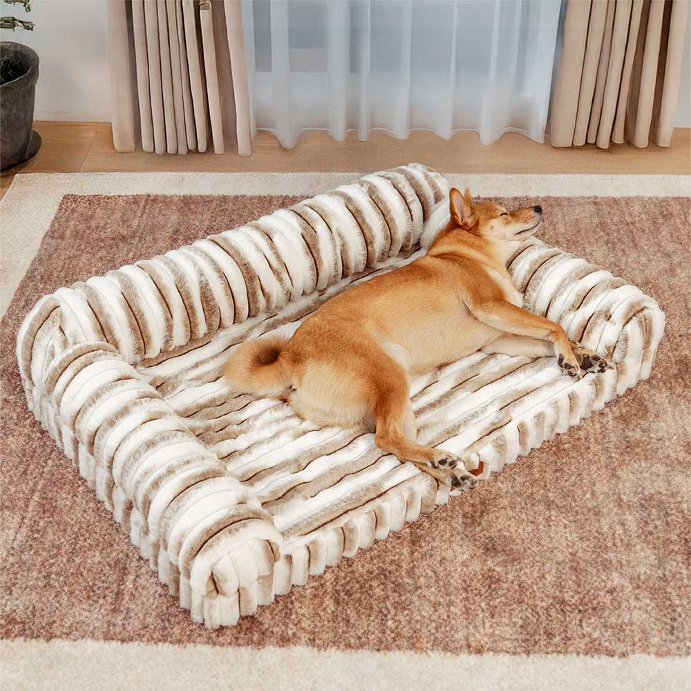 Fluffy Striped Orthopedic Bolster Dog Bed - Luxe Comfort