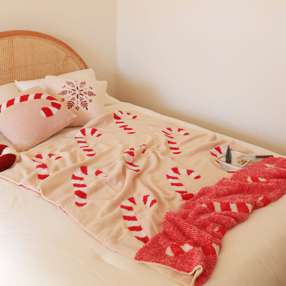 Christmas Candy Cane Cozy Knit Throw Blanket with Pillow