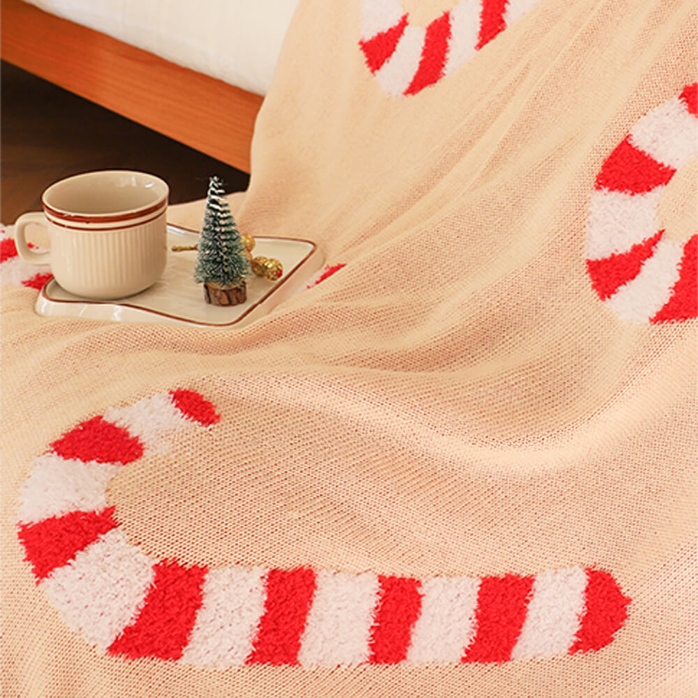 Christmas Candy Cane Cozy Knit Throw Blanket with Pillow