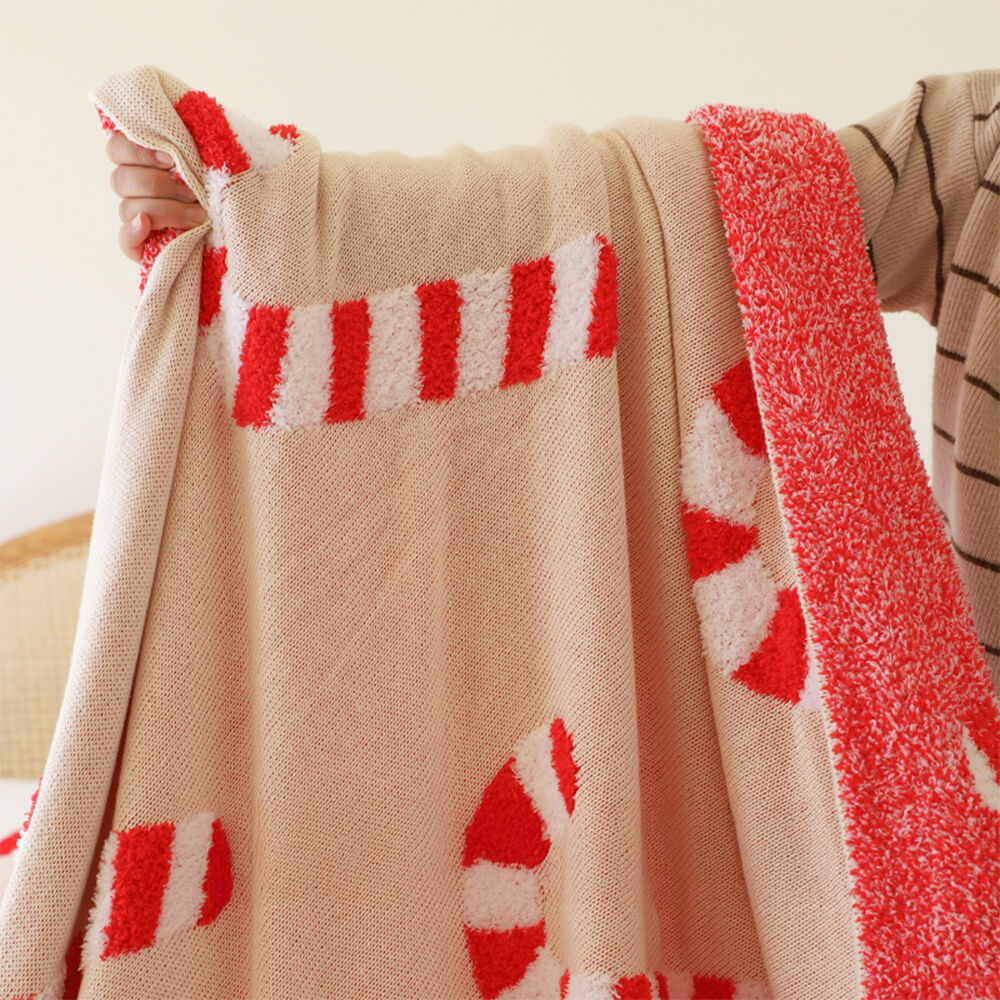 Christmas Candy Cane Cozy Knit Throw Blanket with Pillow