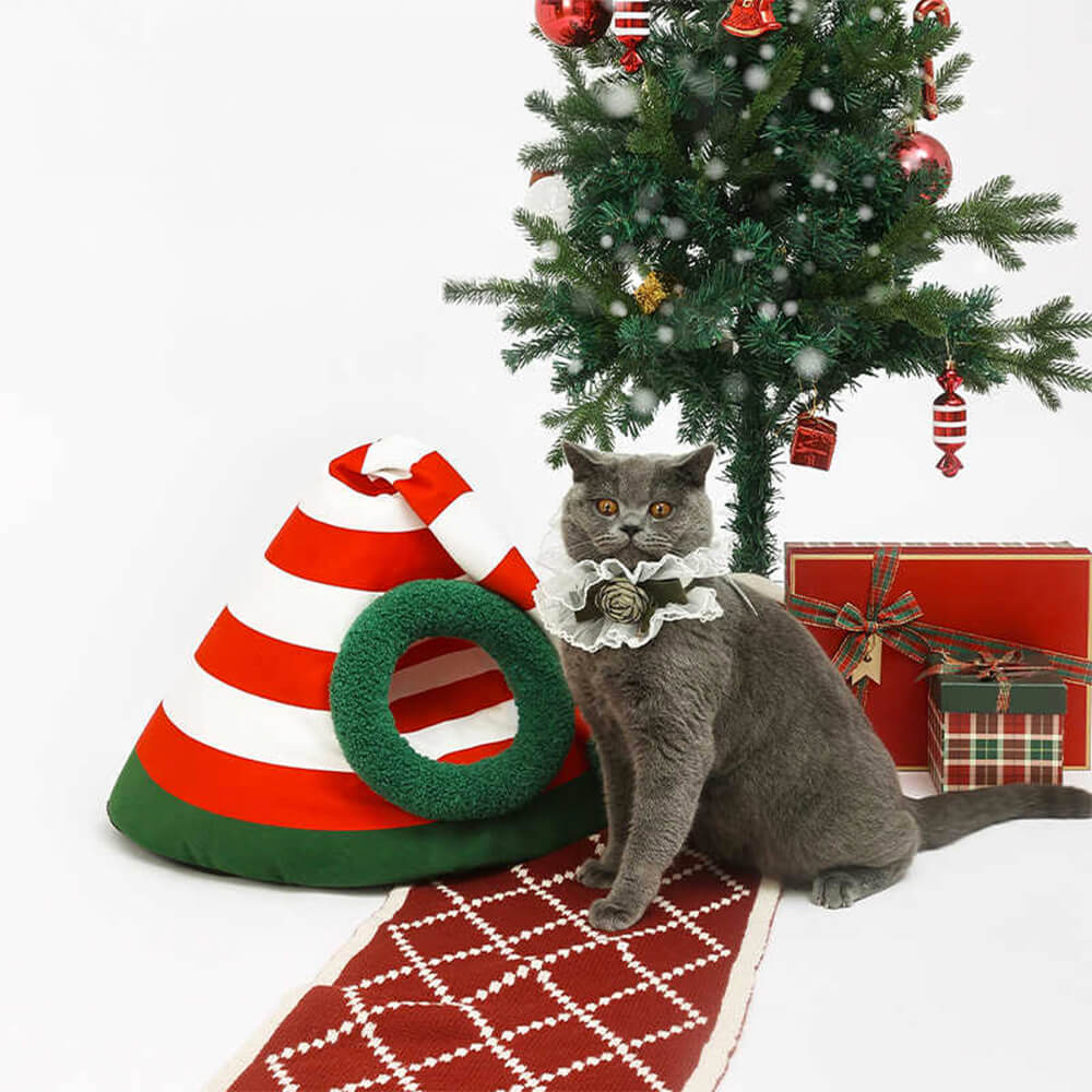 Classic Christmas Hat Warm Washable Semi-Enclosed Cat Cave Bed