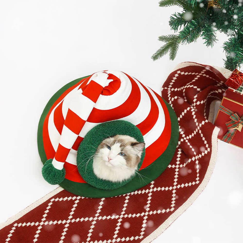 Classic Christmas Hat Warm Washable Semi-Enclosed Cat Cave Bed