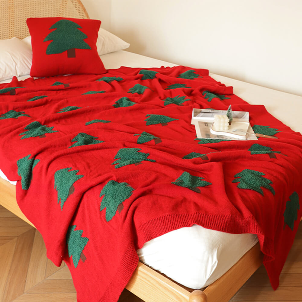 Festive Christmas Tree Pattern Knitted Throw Blanket with Pillow