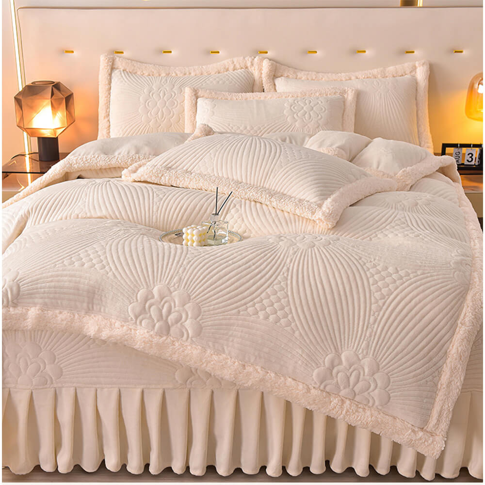 Floral Quilted Cozy Thickened Milk Fleece Bed Skirt Set