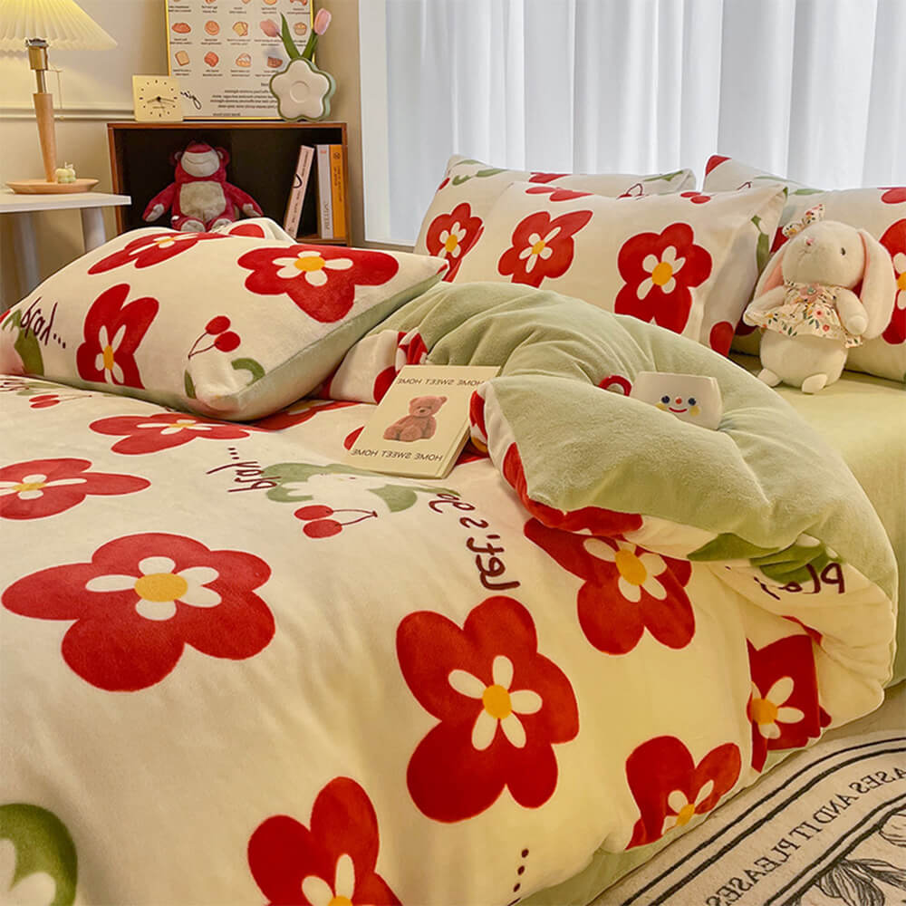 Fashion Floral Print Milk Velvet Comfort Anti-Static Bed Sheet Set