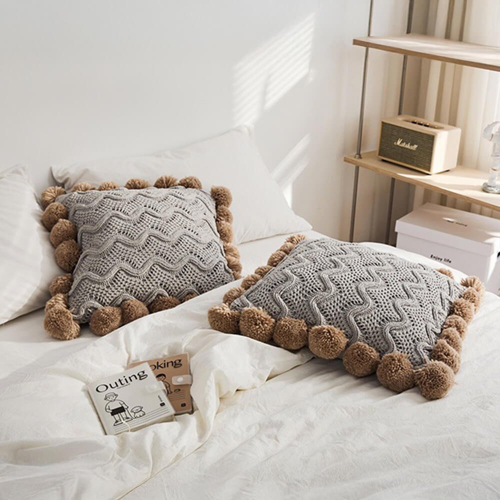 Nordic Style Chenille Pom Pom Cozy Throw Blanket with Pillowcase