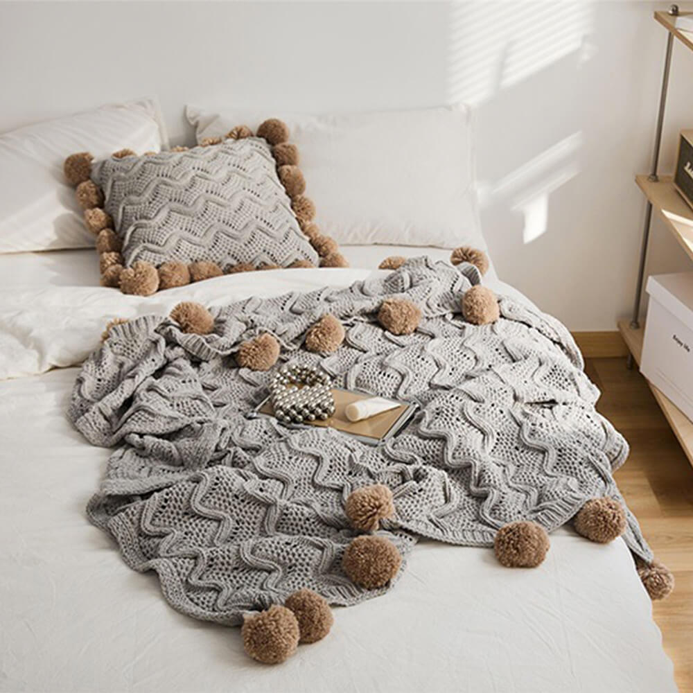 Nordic Style Chenille Pom Pom Cozy Throw Blanket with Pillowcase