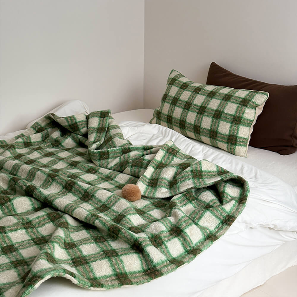 Refined Plaid Faux Lambswool Pom-Pom Home Throw Blanket