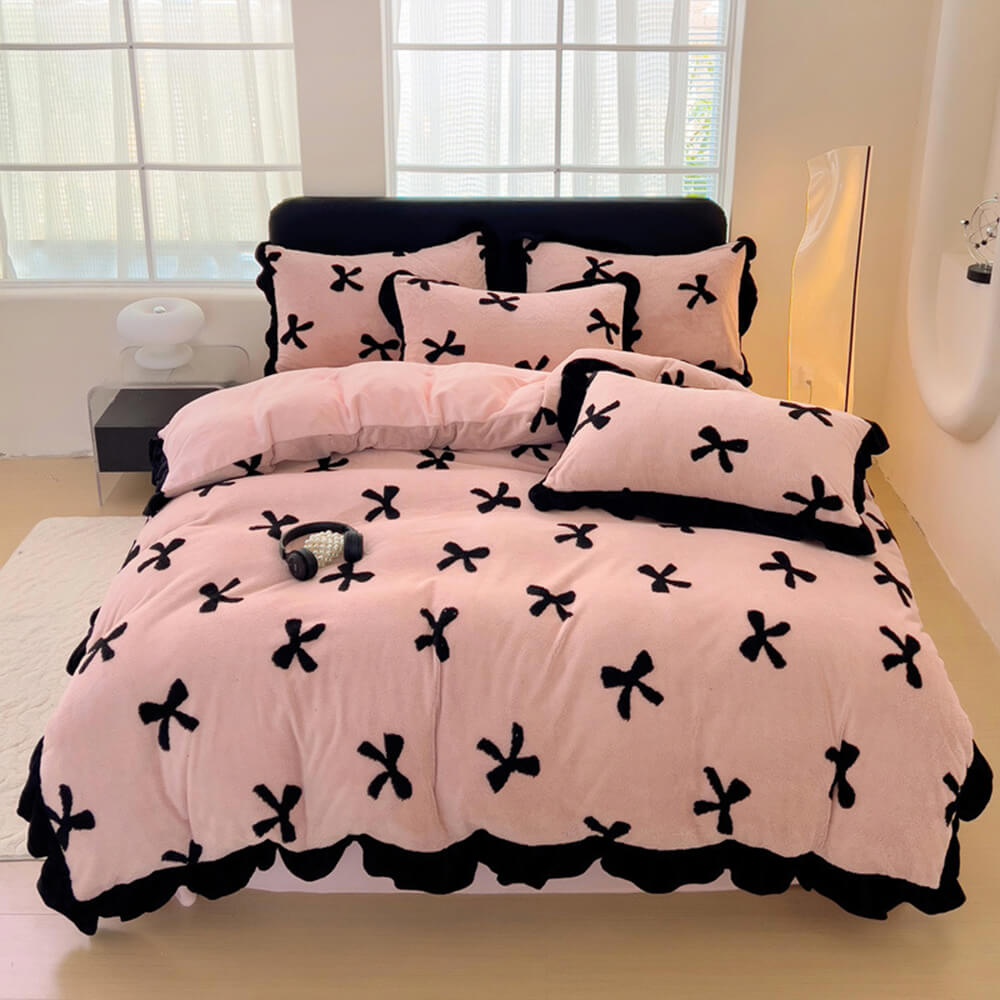 Romantic Bow knot Anti-Static Warm Milk Velvet Bed Sheet Set