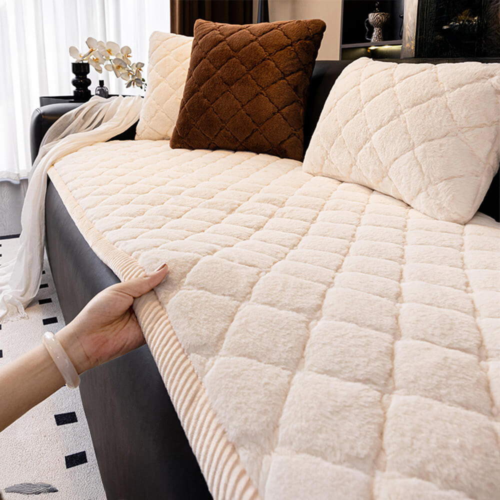 Soft Plush Diamond Quilted Anti-Slip Cushion Couch Cover