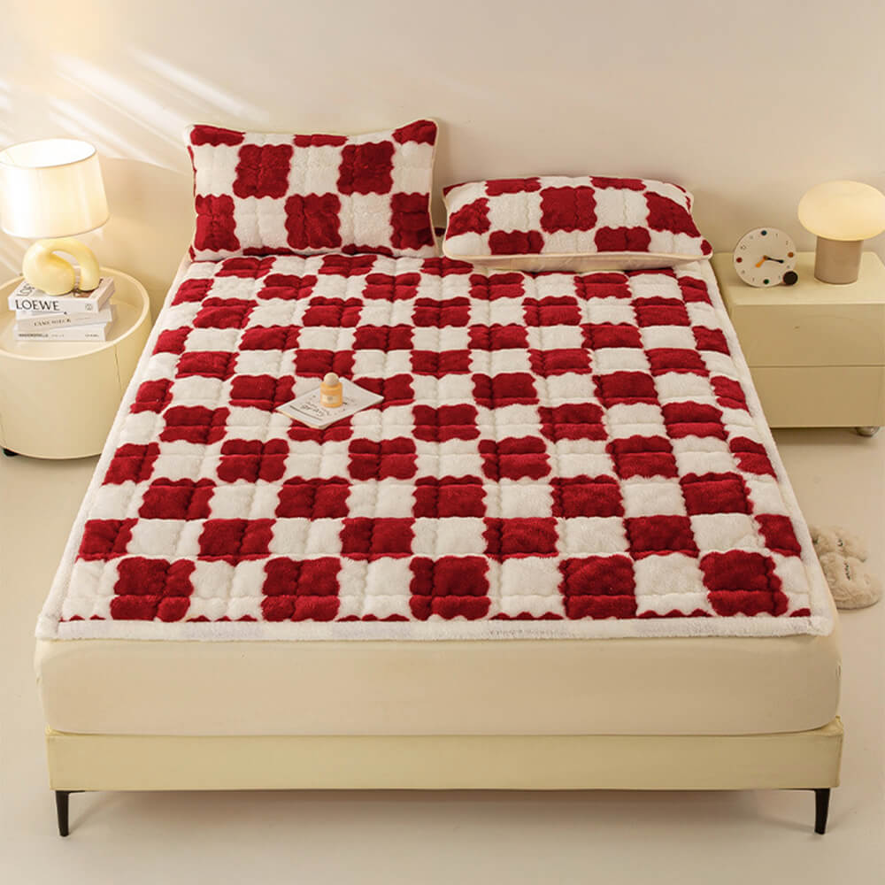 Warm Checkerboard Plush Mattress Topper and Pillowcase