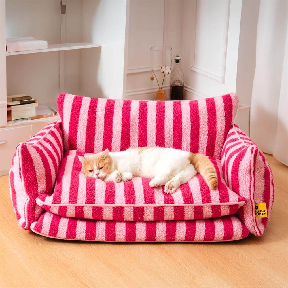 Trendy Striped Faux Lambswool Double Layer Cat Couch Sofa Bed