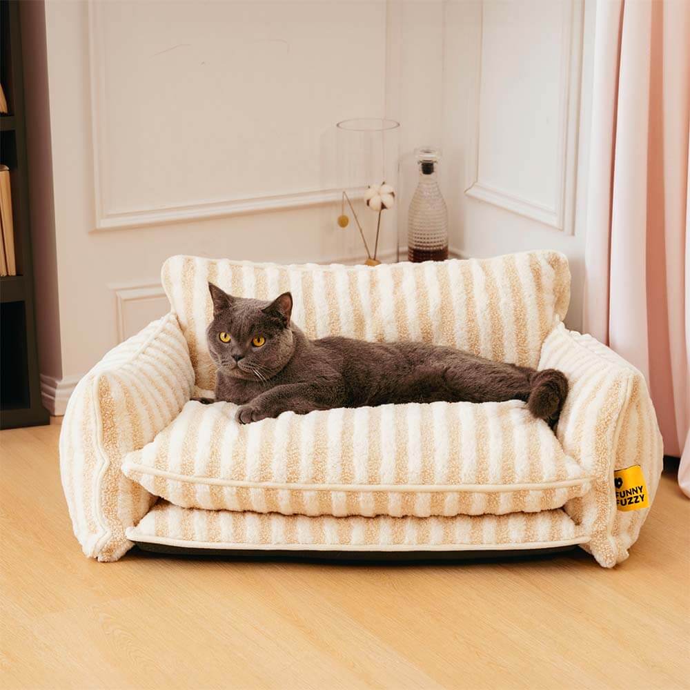 Trendy Striped Faux Lambswool Double Layer Cat Couch Sofa Bed