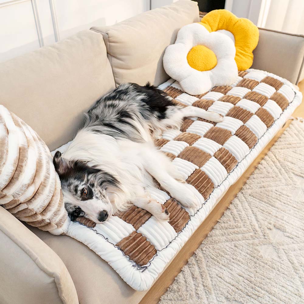 Cream-colored Large Plaid Square Fuzzy Pet Dog Mat Bed Couch Cover