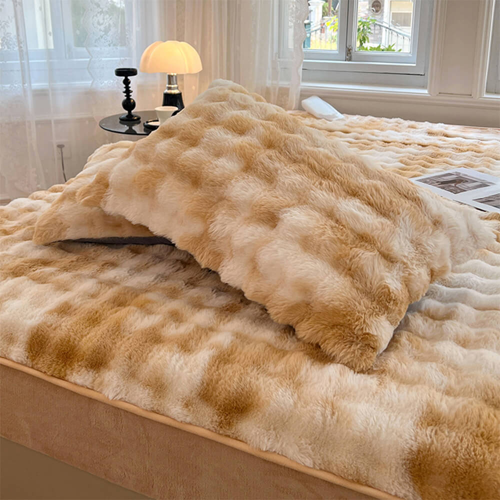 Gradient Cream Bubble Thickened Faux Rabbit Fur Warm Fitted Sheet Mattress Cover