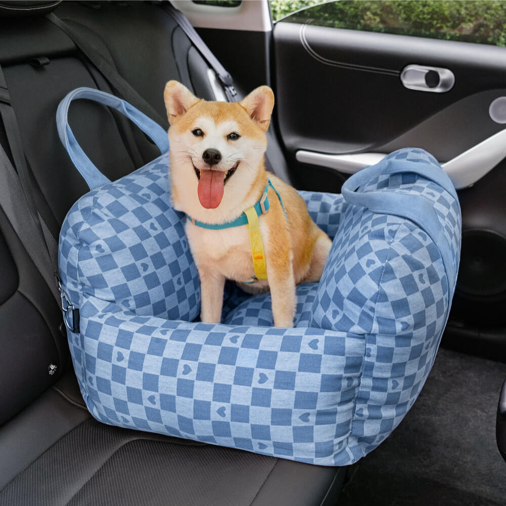 Cama de assento de carro para cachorro xadrez coração vintage