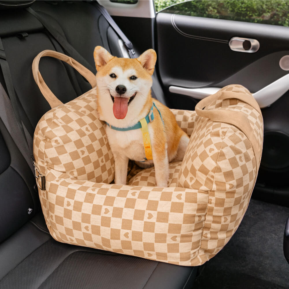 Cama de assento de carro para cachorro xadrez coração vintage