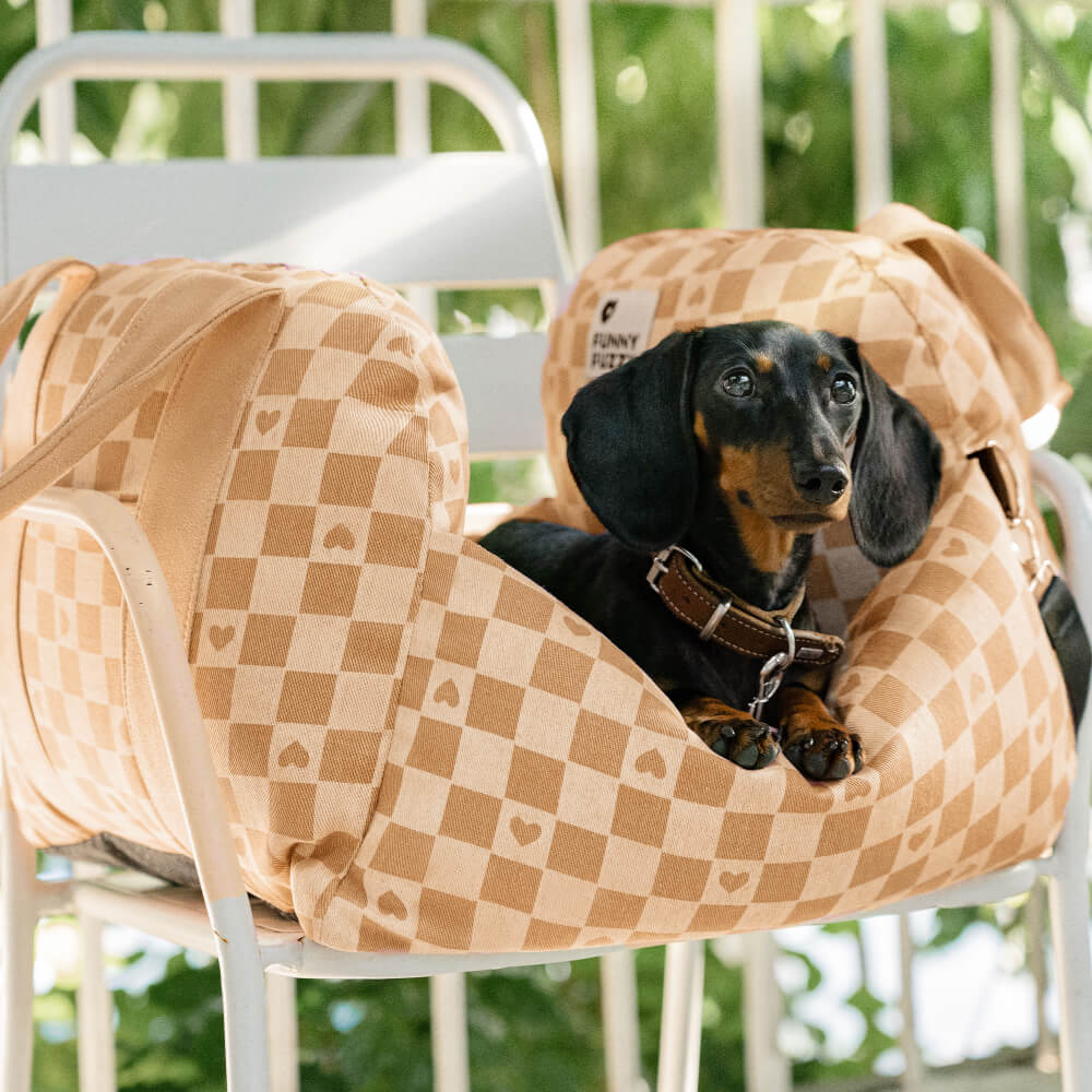 Cama de assento de carro para cachorro xadrez coração vintage