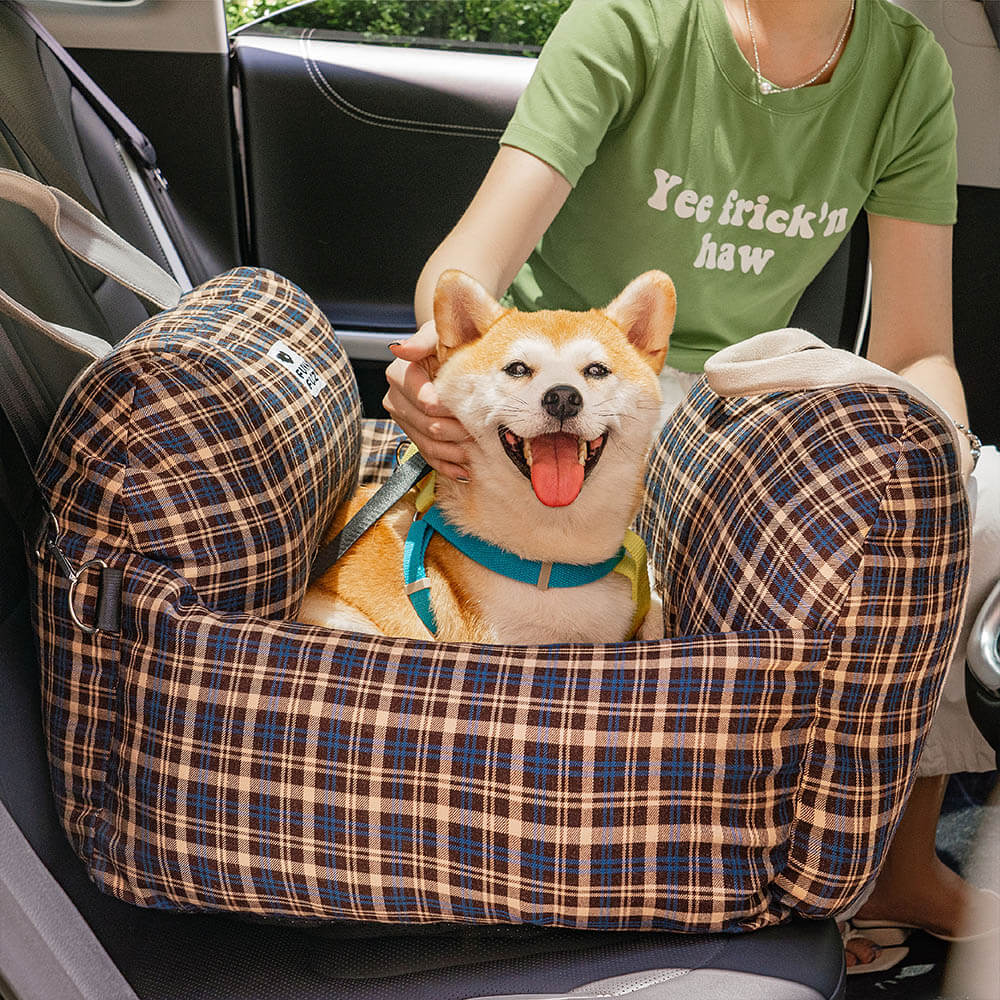 Vintage Plaid Travel Safety Dog Car Seat Bed