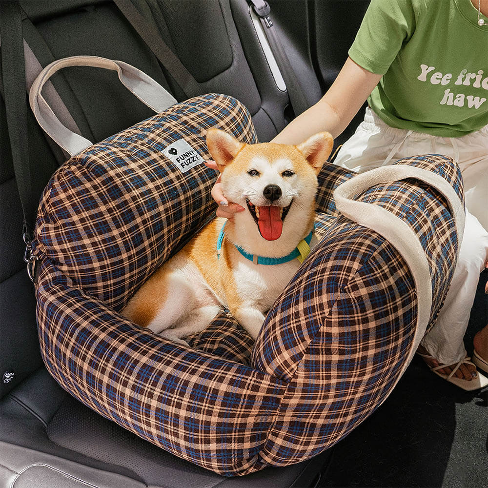 Cama de assento de carro para cachorro xadrez coração vintage