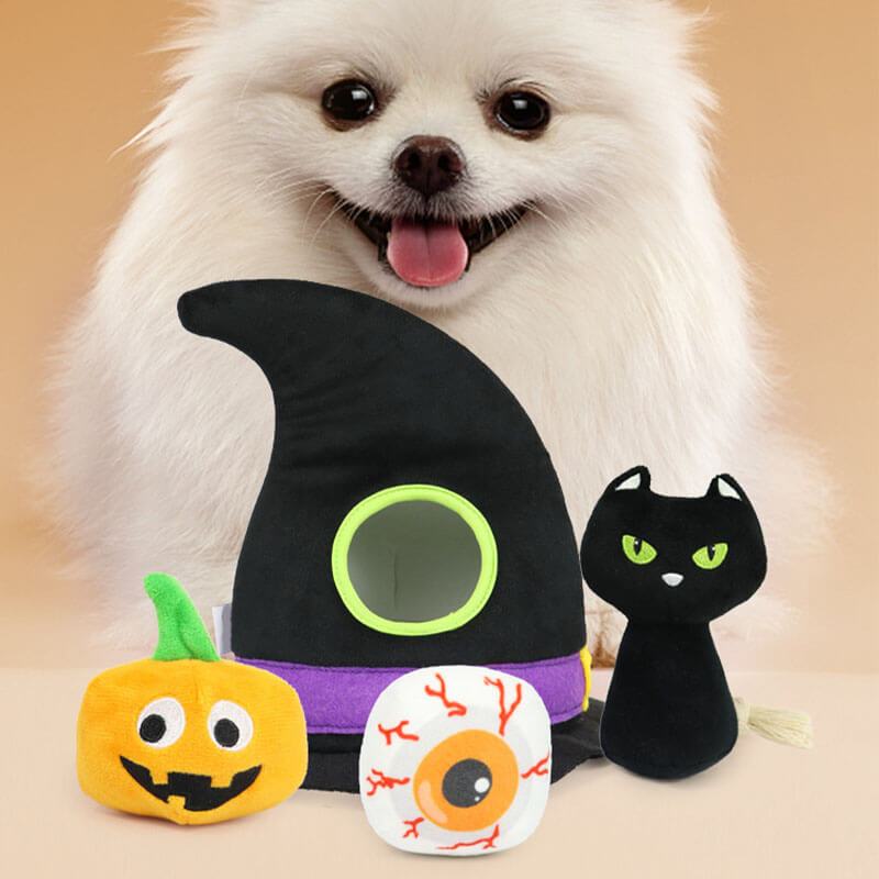 Chapéu de bruxa de Halloween, abóbora estridente, olhos de gato preto, cachorro, conjunto de brinquedos de quatro peças