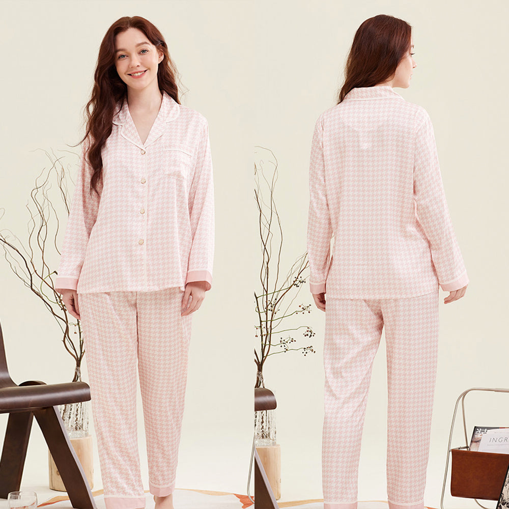 Houndstooth Print Ice Silk Long Sleeve Women's Pajama Set