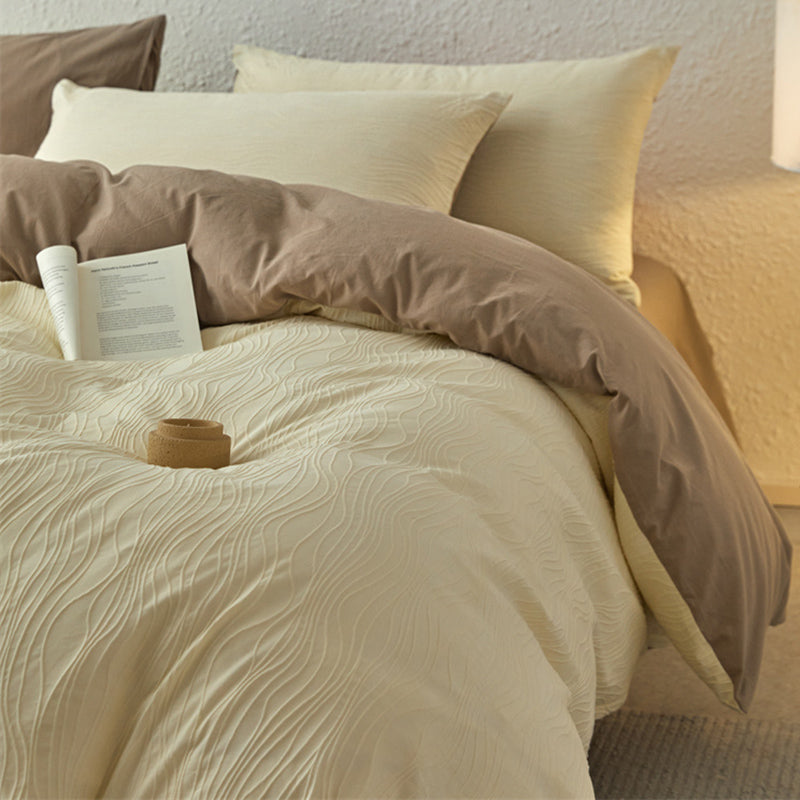 Wavy Jacquard Percale Cotton Duvet Cover Bed Sheet Set