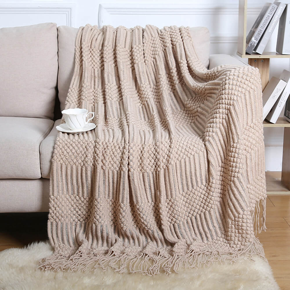 Luxuriously Soft Cozy Knitted Fleece Fringed Edges Throw Blanket