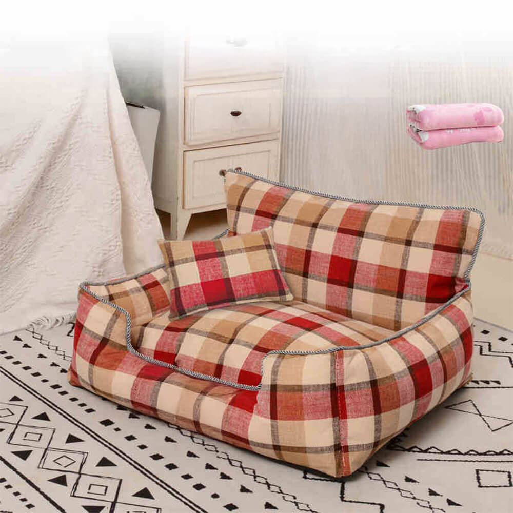 Vintage Plaid Warm Removable Washable Dog & Cat Sofa Bed Matching Blanket Pillow