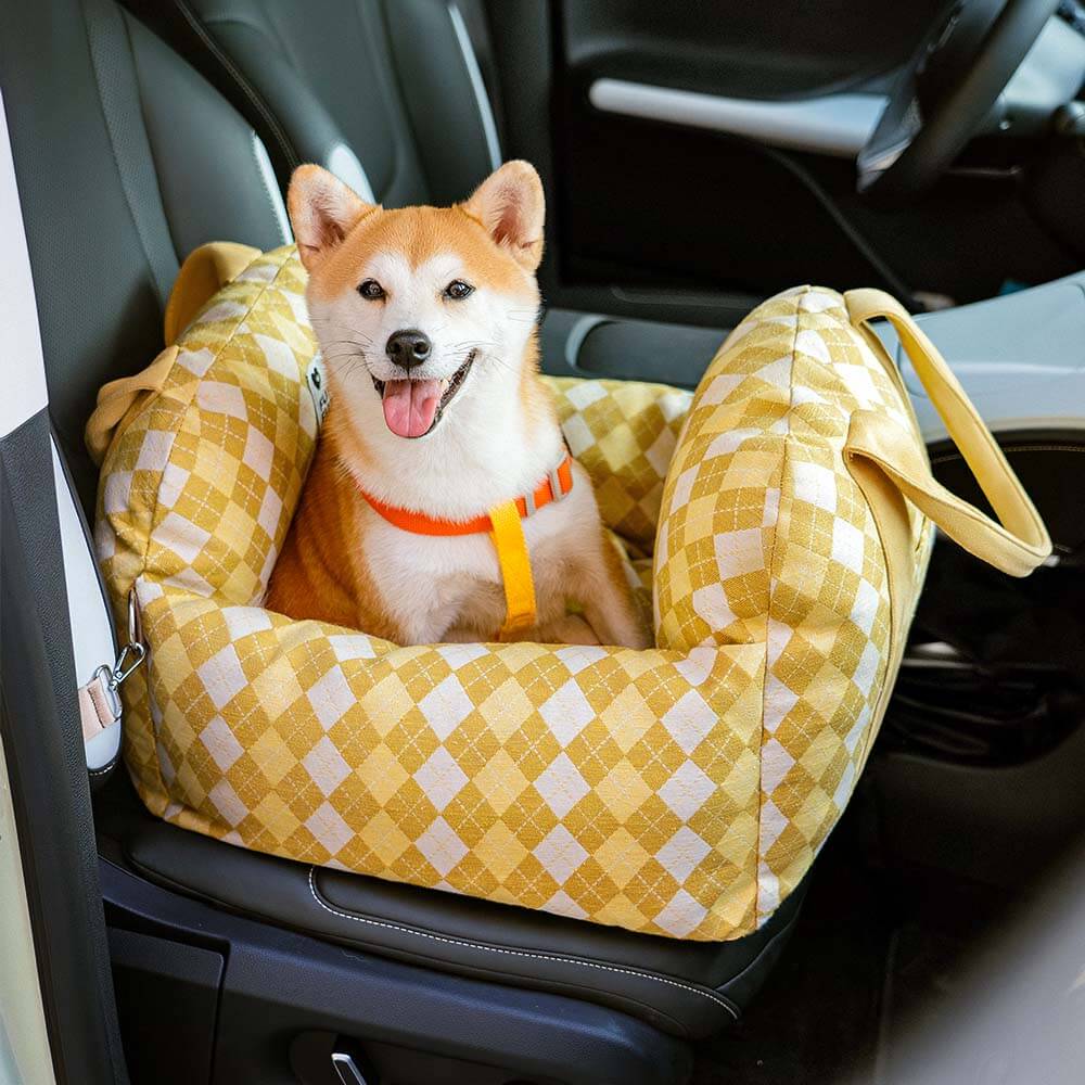 Cama de assento de carro para cachorro xadrez coração vintage