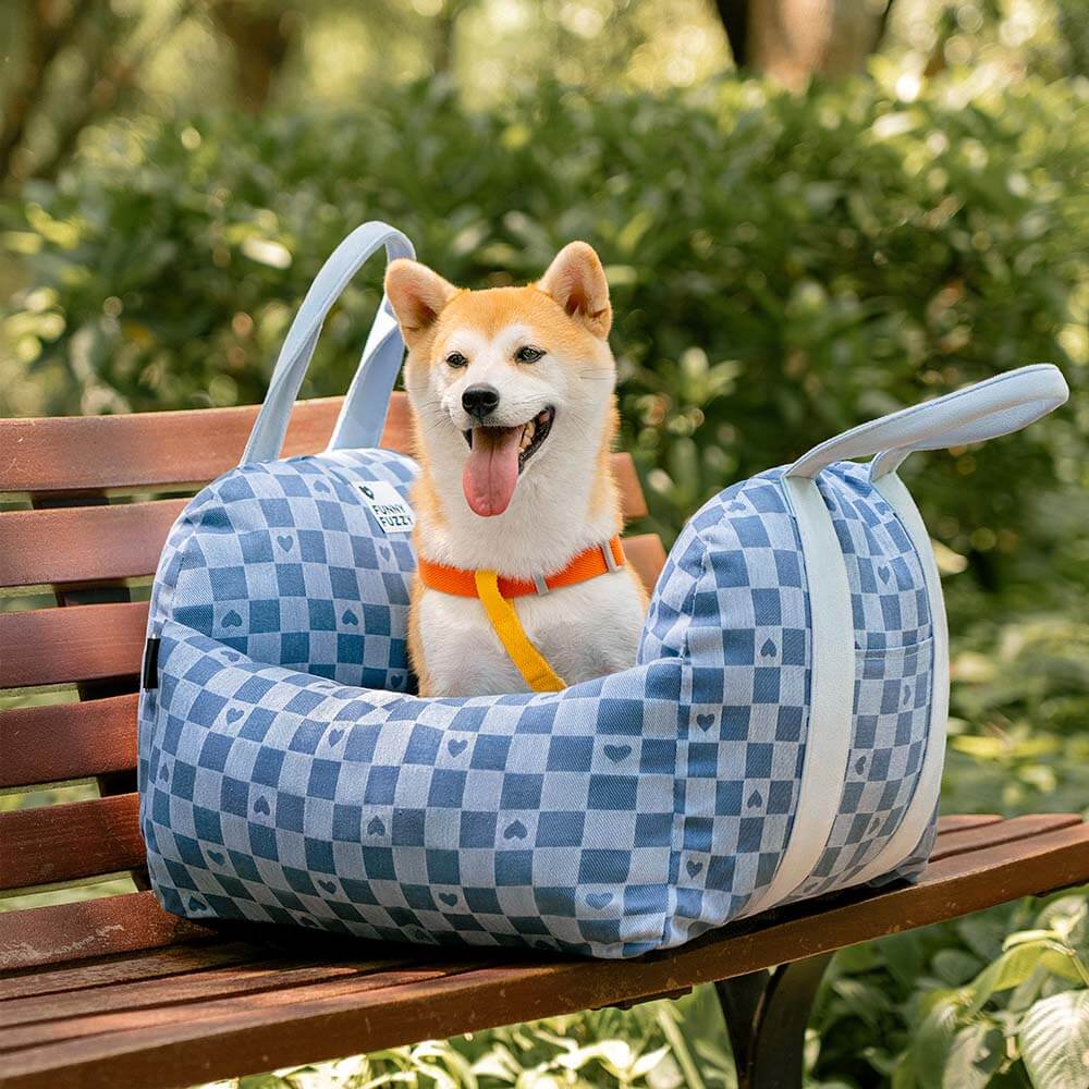 Cama de assento de carro para cachorro xadrez coração vintage