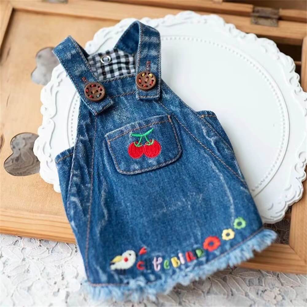 Cherry Embroidered Denim Dog Dress – Playful and Stylish for Everyday Wear