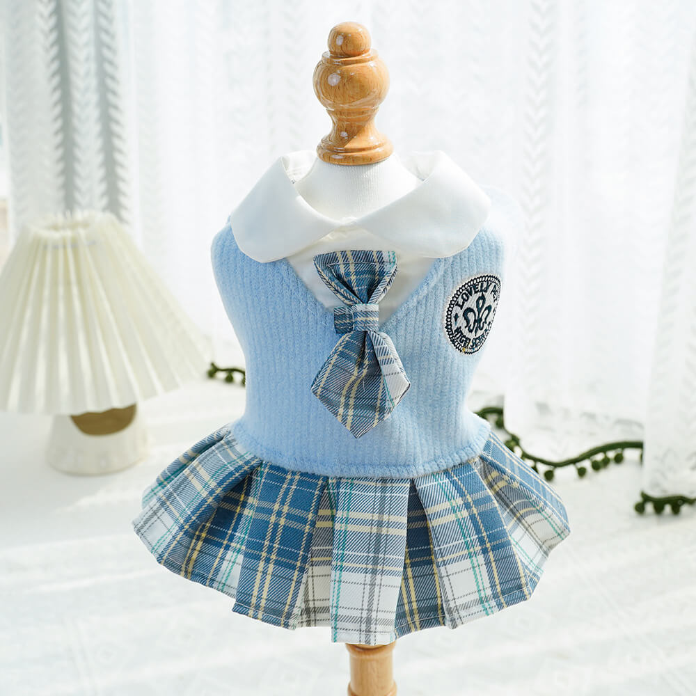 Plaid Schoolgirl Dog Dress with Collar and Tie