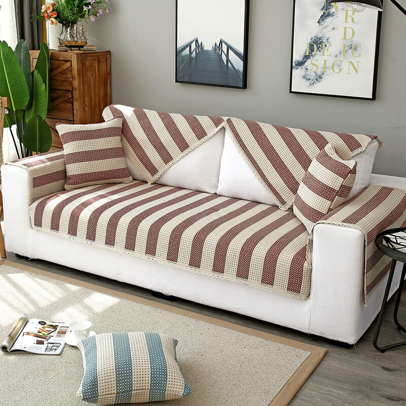 Cotton Linen Stripe Anti-scratch Furniture Protector Couch Cover