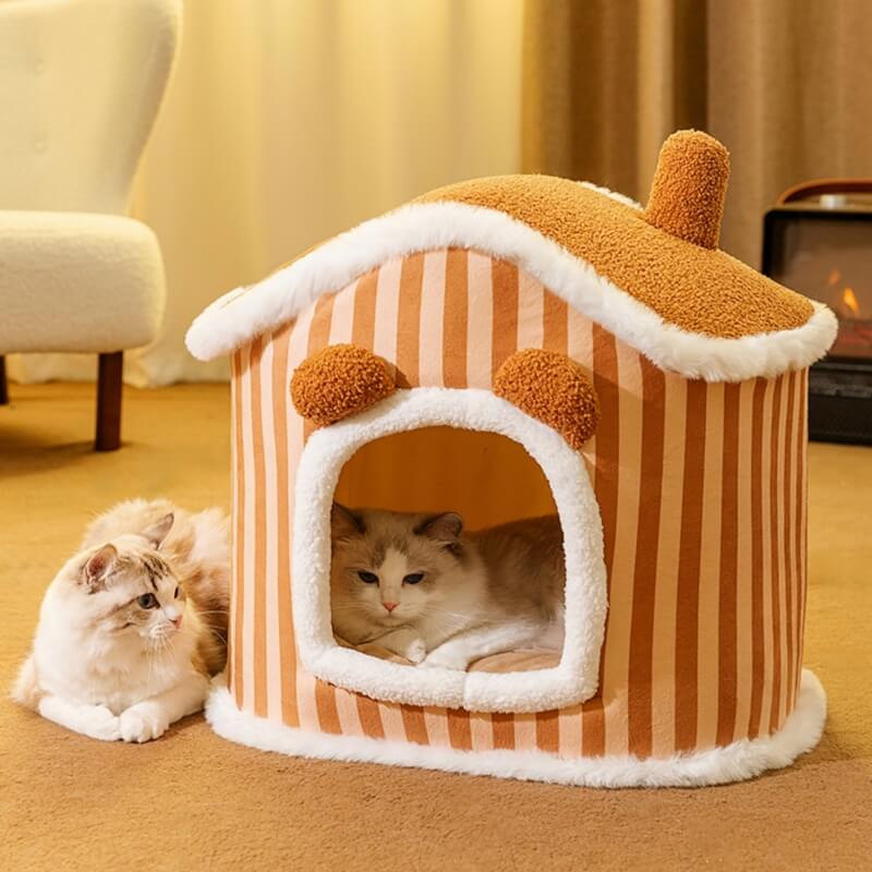 Cama quente para gato de pelúcia semifechada