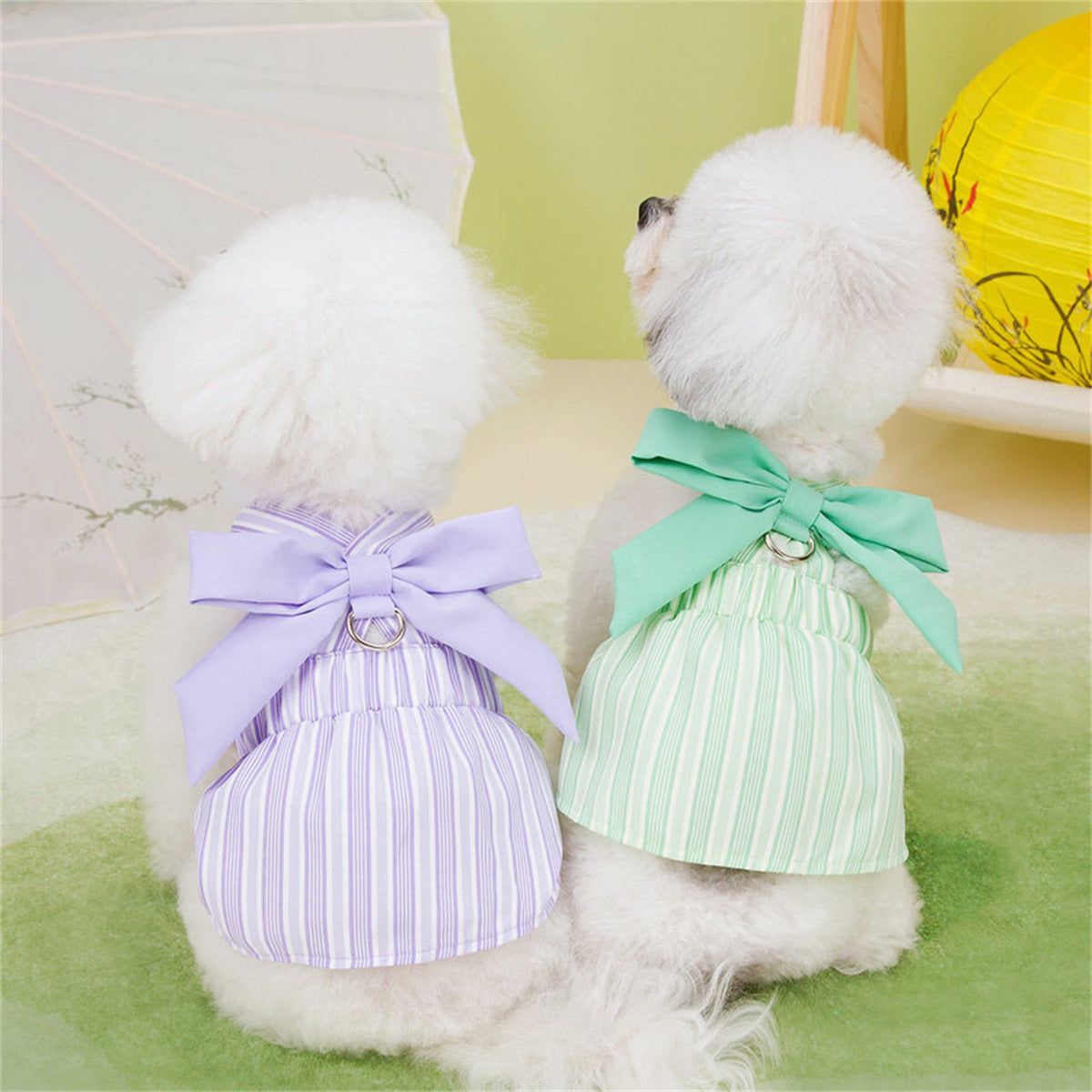 Elegant Lavender Striped Dog Dress with Harness | Comfortable & Stylish Pet Clothing